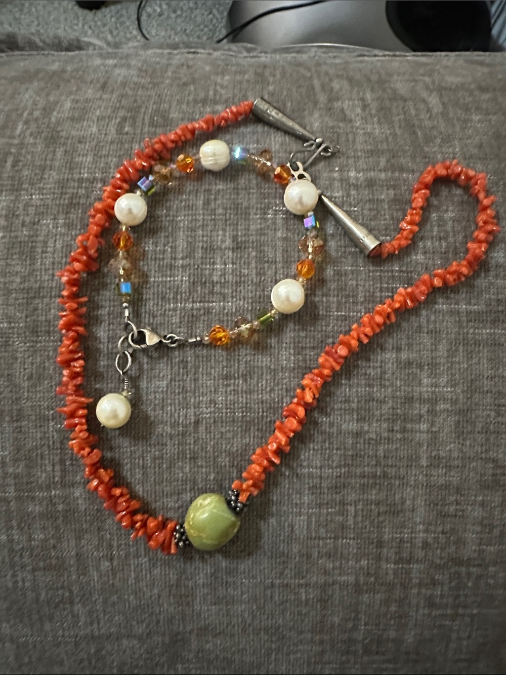 Handcrafted Coral Chip Necklace with Green Accent Bead